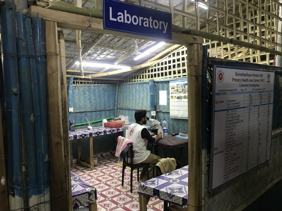El técnico de laboratorio Mohammad Fazle Rabby trabaja en el turno de noche de la clínica 24 horas de Kutupalong.  