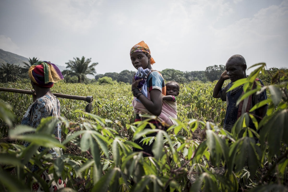 Personas desplazadas internas labran sus tierras como parte de un proyecto agrícola en Lusenda, República Democrática del Congo.