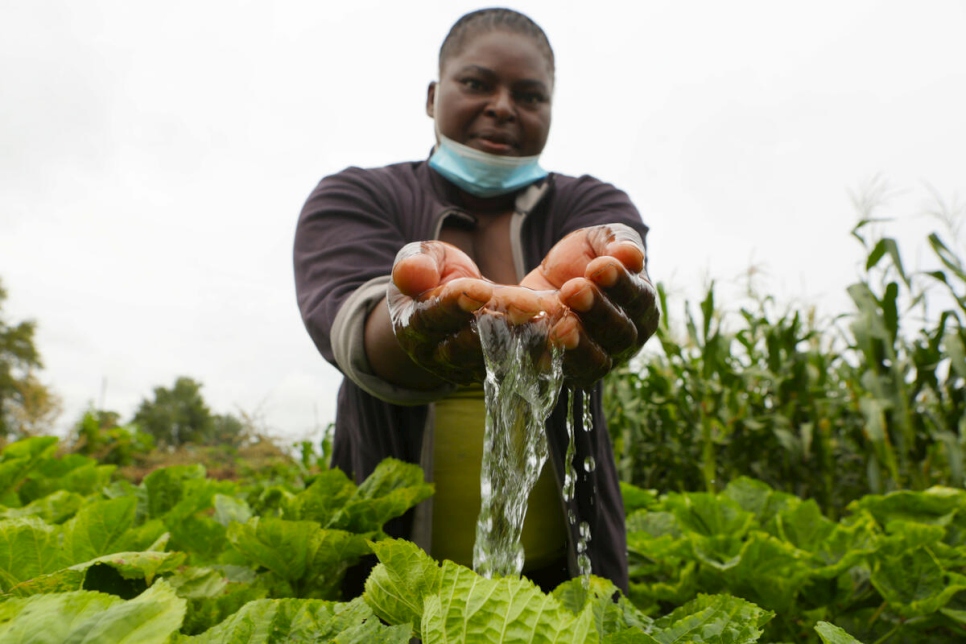 La refugiada congoleña Josephine Mbayo ahora pasa más tiempo cuidando sus cultivos que haciendo fila para obtener agua, gracias a las mejoras en el sistema de riego en el campamento de Tongogara.