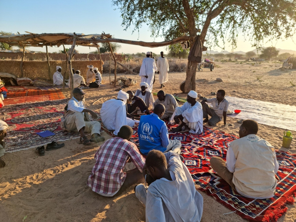 Personal de ACNUR evalúa las necesidades de las personas afectadas por la violencia entre comunidades en Jebel Moon, Darfur Occidental.