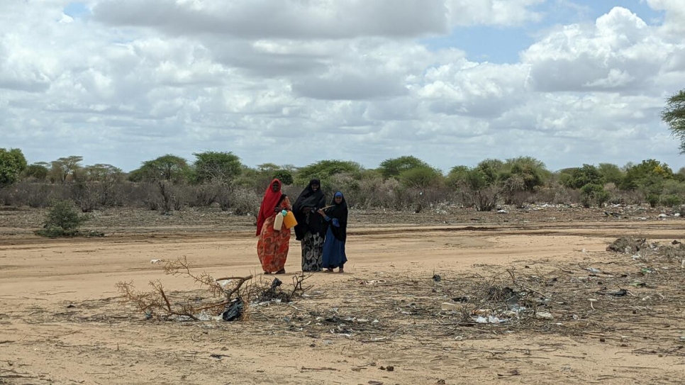 Misión interagencial en Dhobley por la situación de sequía. Mujeres cargando agua en el desierto.