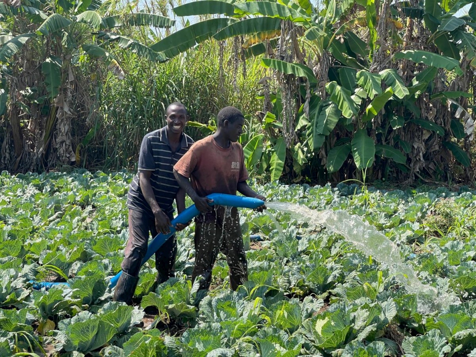 Pierre (izquierda), un refugiado de Burundi, y su amigo Zacharie, ciudadano congoleño, riegan su sembradío de col en el municipio de Tabac Congo, en la provincia de Tanganica, en República Democrática del Congo.