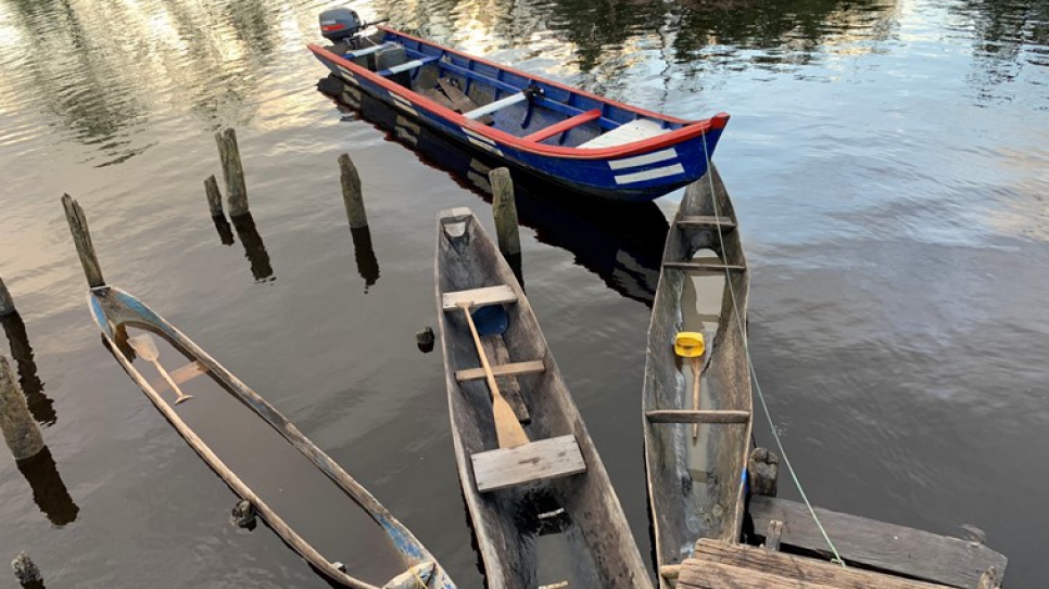 In Imbotero, Region 1, Guyana, boats used by displaced Venezuelans to reach the Registration sites. Photo taken in December, 2019. 