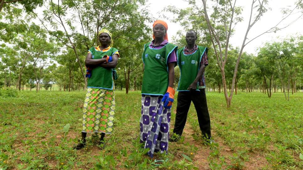 Lydia Yacoubou (al centro) y otros dos refugiados que participan en el proyecto de reforestación en Minawao, en una de las primeras zonas donde se plantaron árboles en 2018.