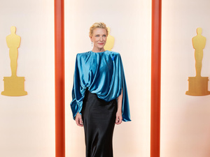 United States. UNHCR Goodwill Ambassador and Oscar nominee Cate Blanchett arrives on the red carpet of the 95th Oscars and wears a blue ribbon in solidarity with refugees